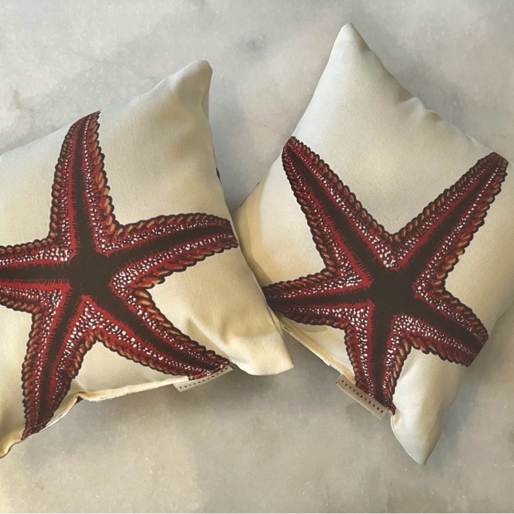 Pottery Barn Red Starfish Accent Throw Pillows Coastal Beach Decor Pair 10”